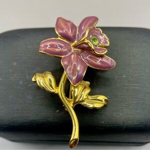 Vintage Joan Rivers Purple Orchid, Green Rhinestone and Gold Tone Floral Brooch